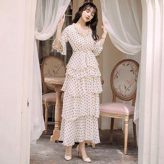 Bell-sleeve Dotted Maxi Layered Dress