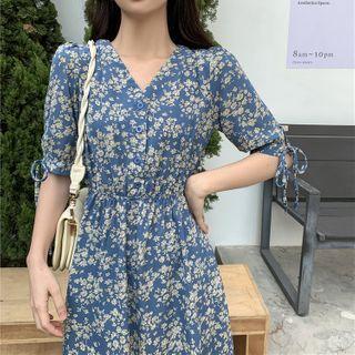 Elbow-sleeve Floral Print Midi Dress Blue - One Size