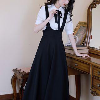 Collar Blouse / Puff-sleeve Blouse / Midi A-line Overall Dress / Set