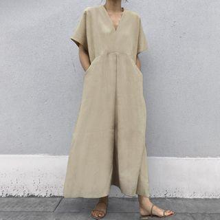 Plain V-neck Short-sleeve Maxi A-line Dress