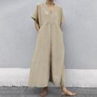 Plain V-neck Short-sleeve Maxi A-line Dress