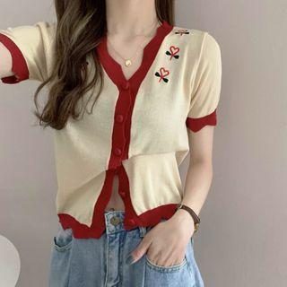 Short-sleeve Contrast Trim Cardigan Beige - One Size