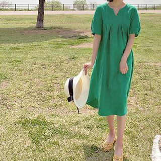 Open-placket Pintuck-trim Linen Blend Dress