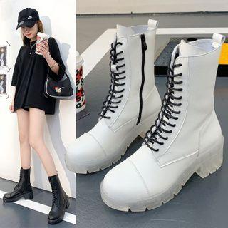 Faux-leather Lace-up Mid Calf Boots