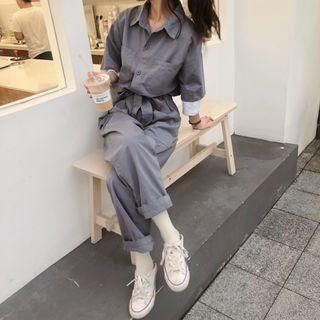 3/4-sleeve Wide-leg Cargo Jumpsuit