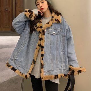 Leopard Print Trim Denim Jacket Blue - One Size