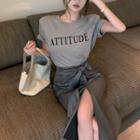 Short-sleeve Lettering T-shirt / Tie-front Midi Pencil Skirt