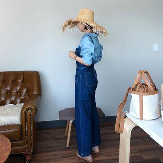 Spaghetti-strap Denim Jumper Pants Dark Blue - One Size