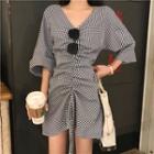 Check V-neck 3/4-sleeve Dress