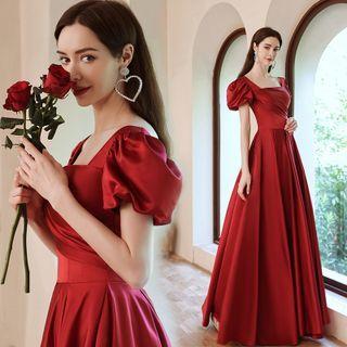 Puff-sleeve Square-neck A-line Gown