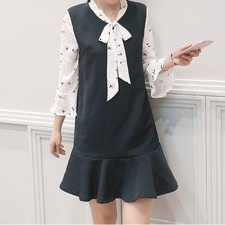 Bow Accent Printed Panel 3/4 Sleeve Dress
