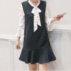 Bow Accent Printed Panel 3/4 Sleeve Dress