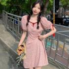 Puff-sleeve Square Neck Floral Mini A-line Dress Pink - One Size
