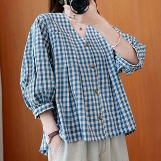 Elbow-sleeve V-neck Gingham Blouse