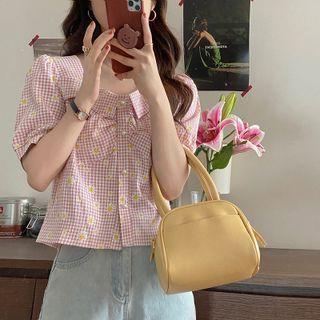 Short-sleeve Floral Print Check Blouse