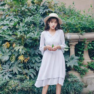 3/4-sleeve V-neck Chiffon Dress
