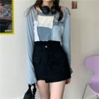 Long-sleeve Color Block Crop Top / Denim Mini Skirt