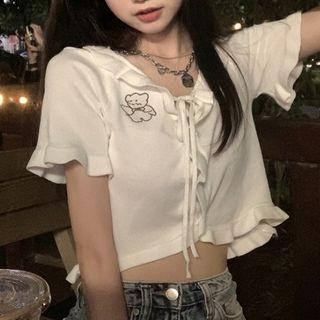 Short-sleeve Bear Embroidered Knit Top