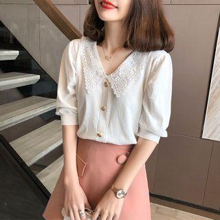 Lace Collar Puff-sleeve Knit Top