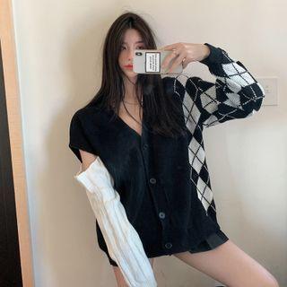 Asymmetrical Argyle Cutout Cardigan Black - One Size