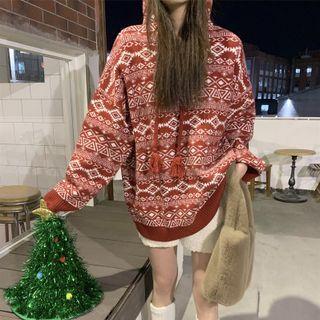 Long-sleeve Printed Knit Hoodie Red - One Size