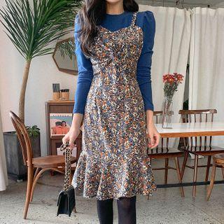 Set: Puff-shoulder Top + Floral Print Pinafore Dress