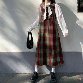 Tie-neck Blouse / Plaid Midi A-line Pinafore Dress