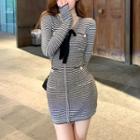 Long-sleeve Striped Sheath Dress Stripes - Black & White - One Size