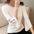 Flower Embroidered 3/4 Sleeve Knit Top