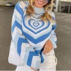Long Sleeve Heart Print Color-block Loose-fit Sweater