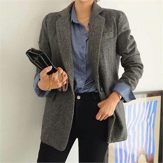 Wool Blend Herringbone Blazer Gray - One Size