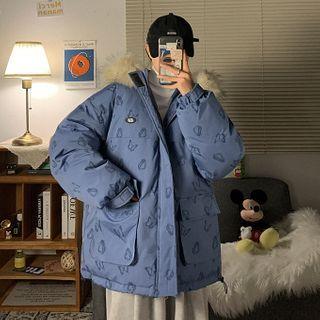 Butterfly Print Faux Fur Trim Padded Hooded Zip Jacket