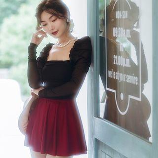 Ruffled Two-tone Long-sleeve Swim Dress