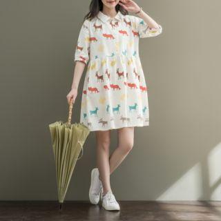 Deer Print Elbow-sleeve Collared A-line Dress