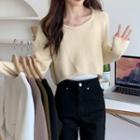 Plain Round-neck Long-sleeve Cropped Top
