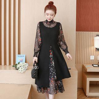 Mock Two-piece Long-sleeve Floral Print Midi A-line Dress