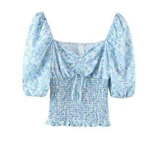 Short-sleeve Shirred Floral Print Crop Top