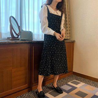 Plain Blouse / Wide Strap Floral Midi A-line Dress