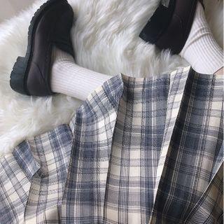 Plaid Midi A-line Skirt / Bow / Neck Tie / Set