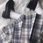 Plaid Midi A-line Skirt / Bow / Neck Tie / Set