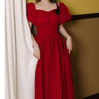 Puff-sleeve Off-shoulder Maxi A-line Dress