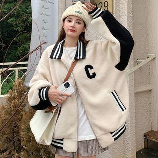 Letter Embroidered Faux Shearling Bomber Jacket