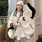 Letter Embroidered Faux Shearling Bomber Jacket