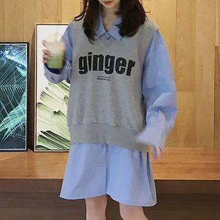 Lettering Vest / Long-sleeve Shirt Dress