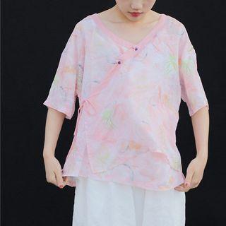 Short-sleeve  Frog-buttoned Printed Top As Shown In Figure - One Size