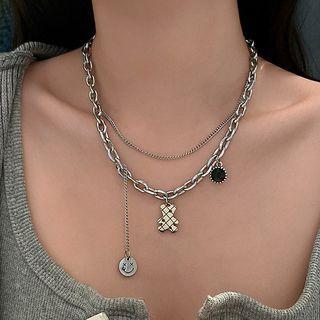 Smiley Bear Pendant Layered Alloy Necklace Silver - One Size