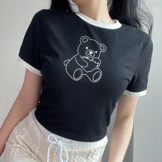 Short Sleeve Contrast-trim Bear Print Crop Top