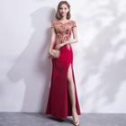 Embroidered Short-sleeve Sheath Evening Gown