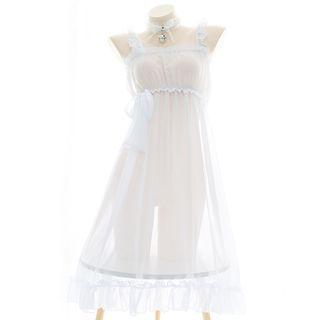 Set: Ruffle Trim Sleep Dress + Choker Set Of 2 - Sleep Dress & Chocker - White - One Size
