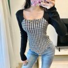 Long-sleeve Square-neck Houndstooth Panel Knit Top